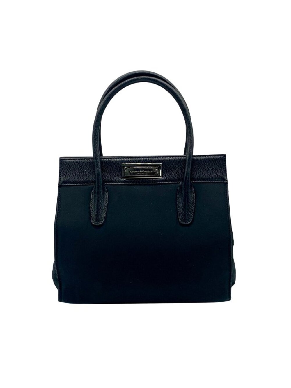 Donna Karan Black Satin & Embossed Leather Trim Crossbody Tote